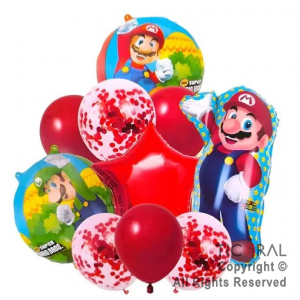 SET DE GLOBOS METALIZADOS SUPER MARIO BROSS Y LATEX CON CONFETI x 10 UNIDADES
